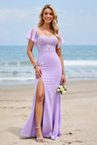 Lilac Flutter Sleeves Sheath Long Boho Bridesmaid Dress with Slit