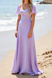 Sparkly Lilac Flutter Sleeves Long Boho Bridesmaid Dress with Beading