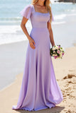 Sparkly Lilac Flutter Sleeves Long Boho Bridesmaid Dress with Beading