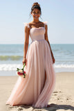 Candy Pink A Line Pleated Long Boho Bridesmaid Dress with Slit