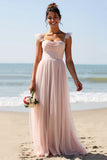 Candy Pink A Line Pleated Long Boho Bridesmaid Dress with Slit