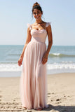 Candy Pink A Line Pleated Long Boho Bridesmaid Dress with Slit