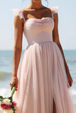 Candy Pink A Line Pleated Long Boho Bridesmaid Dress with Slit