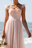 Candy Pink A Line Pleated Long Boho Bridesmaid Dress with Slit