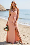 Blush Satin Sheath V-Neck Long Boho Bridesmaid Dress with Slit