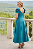 Blue Satin A Line Ruched Long Mother Of The Bride Dress With 3D Flowers
