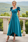 Blue Satin A Line Ruched Long Mother Of The Bride Dress With 3D Flowers