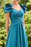 Blue Satin A Line Ruched Long Mother Of The Bride Dress With 3D Flowers