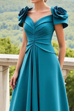 Blue Satin A Line Ruched Long Mother Of The Bride Dress With 3D Flowers