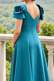 Blue Satin A Line Ruched Long Mother Of The Bride Dress With 3D Flowers