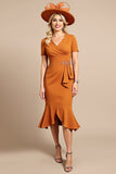 Orange Satin Bodycon V Neck Midi Mother Of The Bride Dress with Ruffles