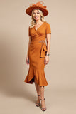 Orange Satin Bodycon V Neck Midi Mother Of The Bride Dress with Ruffles