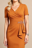 Orange Satin Bodycon V Neck Midi Mother Of The Bride Dress with Ruffles