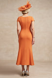 Orange Satin Mermaid Ruched Ruffled Long Mother Of The Bride Dress