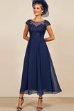 Navy A Line Long Mother Of The Bride Dress with Lace
