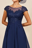 Navy A Line Long Mother Of The Bride Dress with Lace