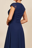 Navy A Line Long Mother Of The Bride Dress with Lace