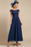 Navy Cap Sleeves A Line Mother Of The Bride Dress With Lace