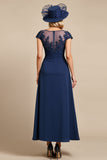 Navy Cap Sleeves A Line Mother Of The Bride Dress With Lace