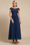Navy Cap Sleeves A Line Mother Of The Bride Dress With Lace