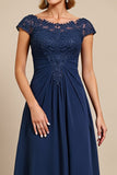 Navy Cap Sleeves A Line Mother Of The Bride Dress With Lace
