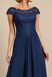 Navy Cap Sleeves A Line Mother Of The Bride Dress With Lace