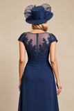 Navy Cap Sleeves A Line Mother Of The Bride Dress With Lace