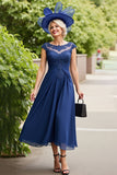 Navy A Line Ruched Long Mother Of The Bride Dress with Cap Sleeves