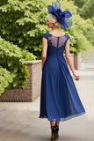 Navy A Line Ruched Long Mother Of The Bride Dress with Cap Sleeves