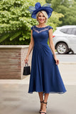 Navy A Line Ruched Long Mother Of The Bride Dress with Cap Sleeves