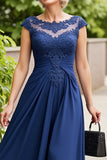 Navy A Line Ruched Long Mother Of The Bride Dress with Cap Sleeves