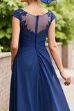 Navy A Line Ruched Long Mother Of The Bride Dress with Cap Sleeves