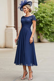 Navy Chiffon A Line Long Mother Of The Bride Dress with Lace