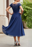 Navy Chiffon A Line Long Mother Of The Bride Dress with Lace