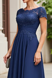 Navy Chiffon A Line Long Mother Of The Bride Dress with Lace