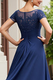 Navy Chiffon A Line Long Mother Of The Bride Dress with Lace