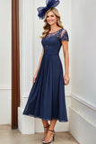 Navy A Line Ruched Short Sleeves Long Mother Of The Bride Dress