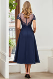 Navy A Line Ruched Short Sleeves Long Mother Of The Bride Dress
