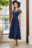 Navy A Line Ruched Short Sleeves Long Mother Of The Bride Dress