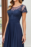 Navy A Line Ruched Short Sleeves Long Mother Of The Bride Dress
