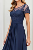 Navy A Line Ruched Short Sleeves Long Mother Of The Bride Dress