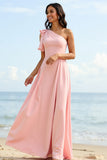 One Shoulder A Line Blush Chiffon Long Boho Bridesmaid Dress