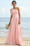 One Shoulder A Line Blush Chiffon Long Boho Bridesmaid Dress