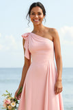 One Shoulder A Line Blush Chiffon Long Boho Bridesmaid Dress