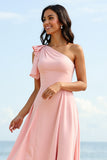 One Shoulder A Line Blush Chiffon Long Boho Bridesmaid Dress
