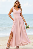 Chiffon A Line Cindy Pink Long Boho Bridesmaid Dress With Slit