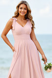 Chiffon A Line Cindy Pink Long Boho Bridesmaid Dress With Slit
