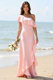 One Shoulder Ruffled A Line Candy Pink Long Boho Bridesmaid Dress