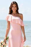 One Shoulder Ruffled A Line Candy Pink Long Boho Bridesmaid Dress