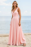 Chiffon A Line Candy Pink Long Boho Bridesmaid Dress with Bow